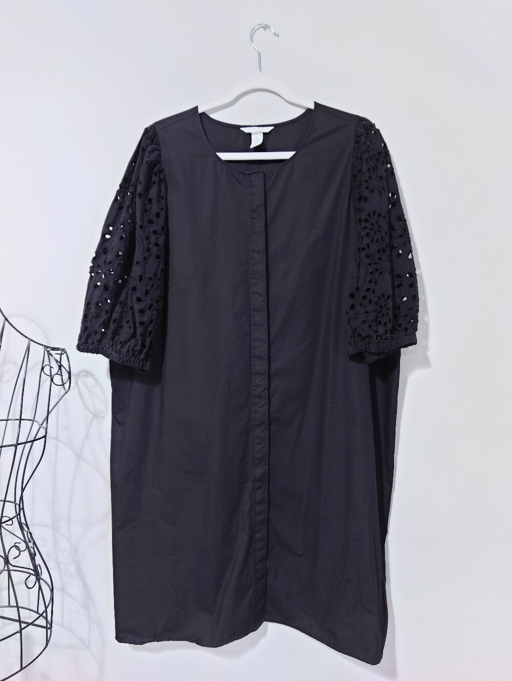 H&M Black Cotton Dress Eyelet Sleeve Midi Shift XXL